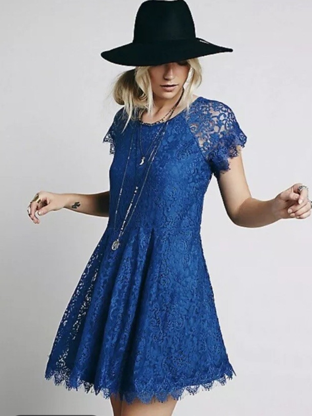 Free People Stardust Lace Mini Dress Blue with Intricate Floral Lace Detailing M
